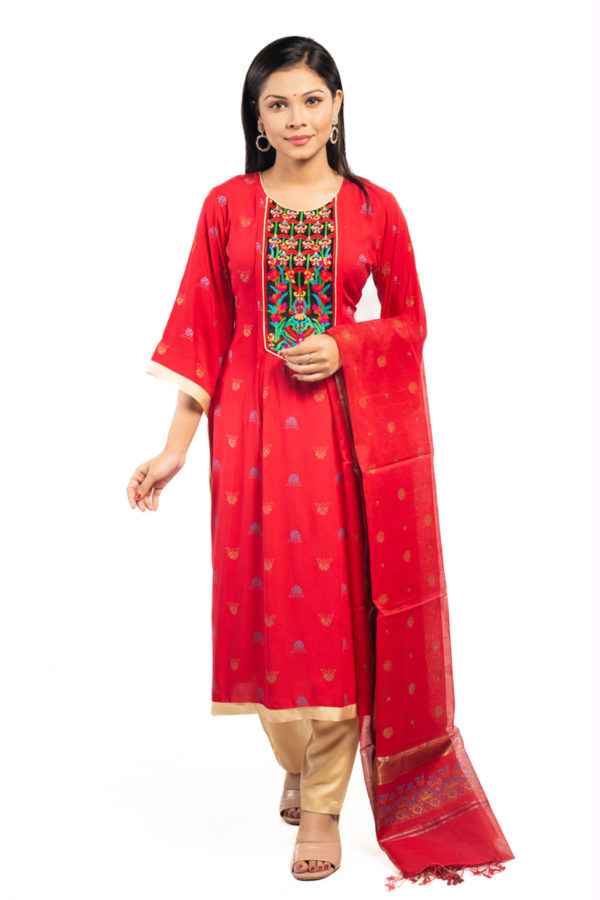 Red Linen Printed & Hand Embroidered Salwar Kameez Set