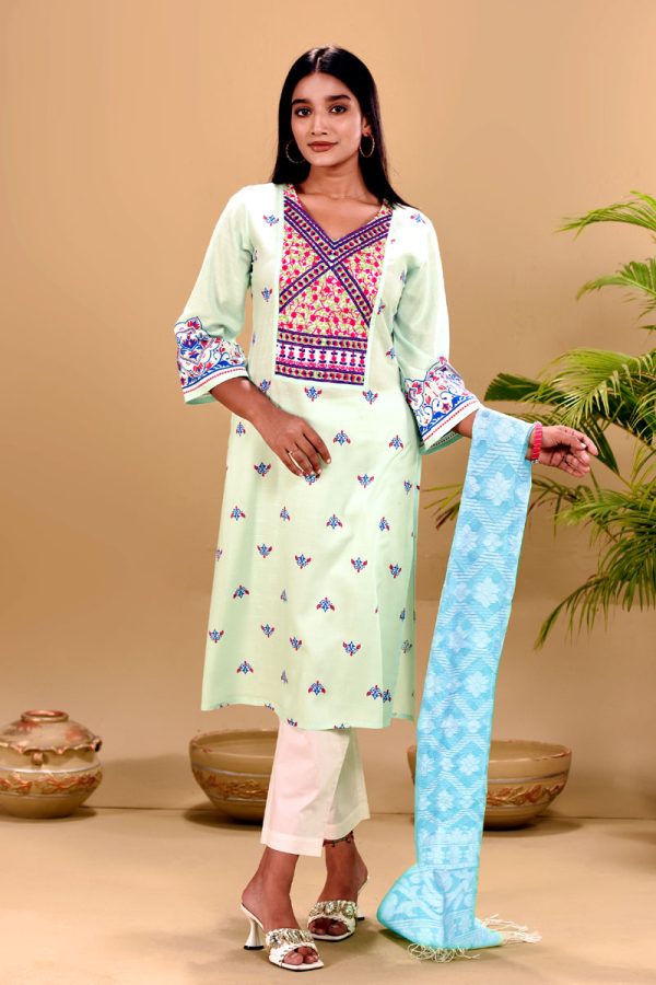 Pale Green Linen Printed & Hand Embroidered Salwar Kameez Set
