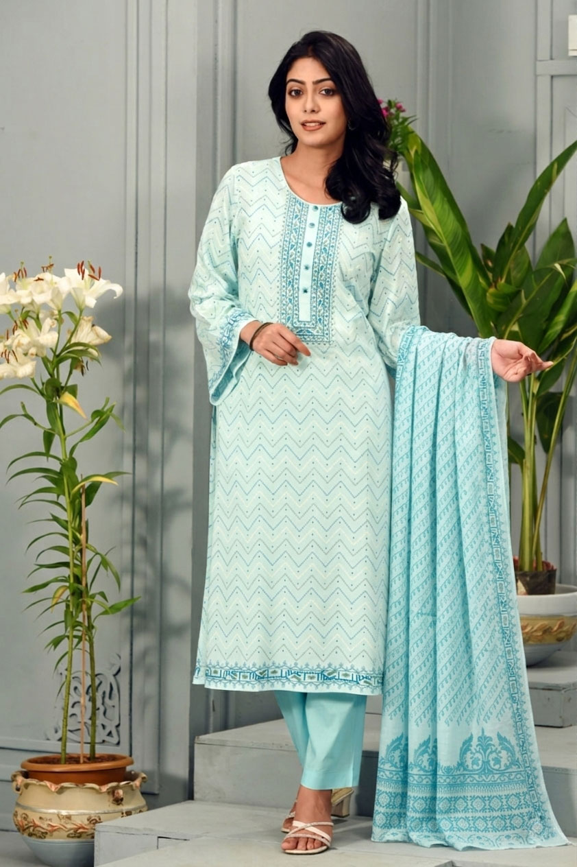 Pistachio Green Linen Printed & Embroidered Salwar Kameez Set