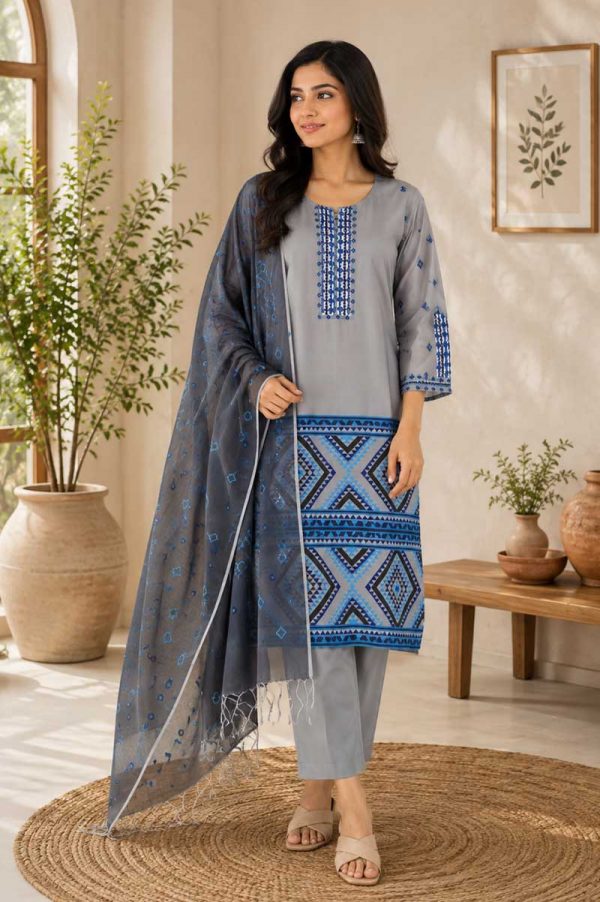 Sage Green Linen Printed & Hand Embroidered Salwar Kameez Set