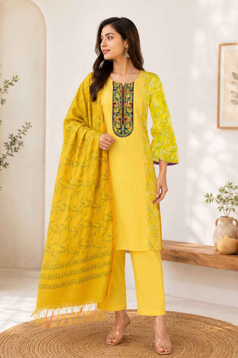 Yellow Linen Printed & Hand Embroidered Salwar Kameez Set
