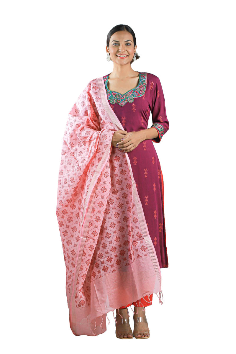 Purple Linen Printed & Hand Embroidered Salwar Kameez Set