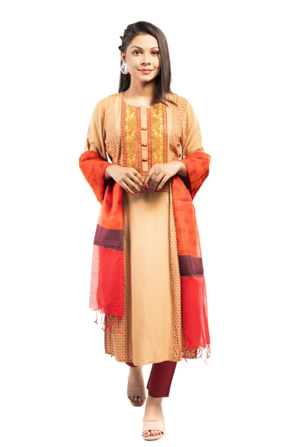 Brown Linen Printed & Hand Embroidered Salwar Kameez Set