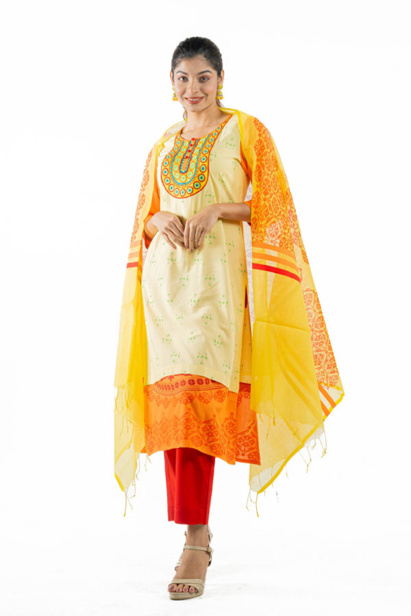 Pale Yellow Linen Printed & Hand Embroidered Salwar Kameez Set