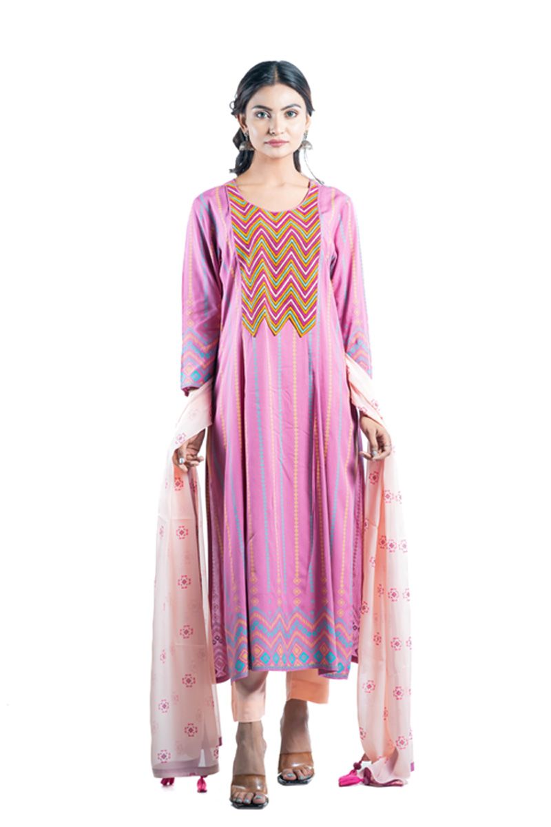 Mauve Pink Printed & Hand Embroidered Salwar Kameez Set