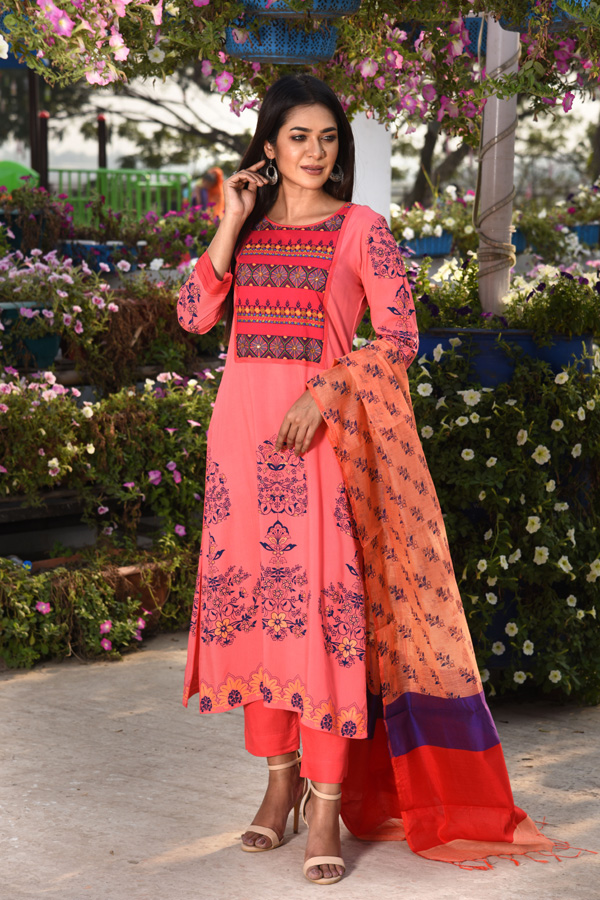 Crimson Red Linen Printed & Hand Embroidered Salwar Kameez Set