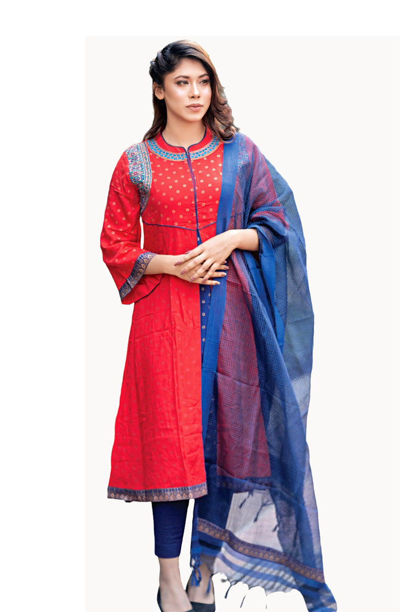 Coral Red Linen Printed & Karchupi Ornamented Salwar Kameez Set