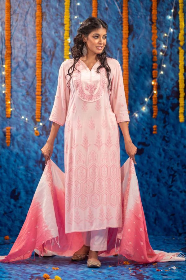 Powder Pink Swiss Cotton Printed & Embroidered Salwar Kameez Set
