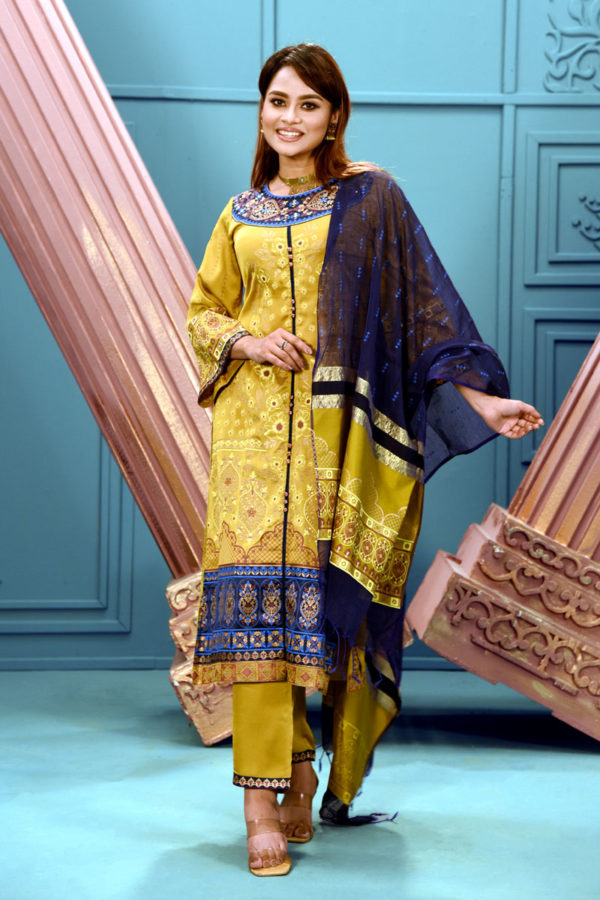 Metallic Gold Silk Printed & Embroidered Salwar Kameez Set