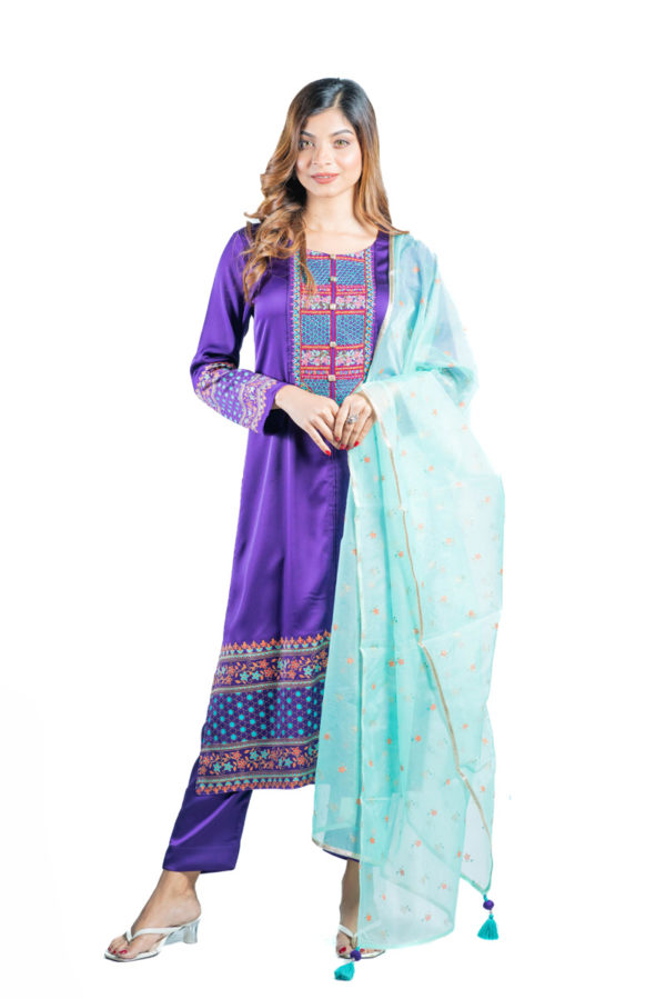 Purple Silk Printed & Embroidered with Karchupi Ornamented Salwar Kameez Set