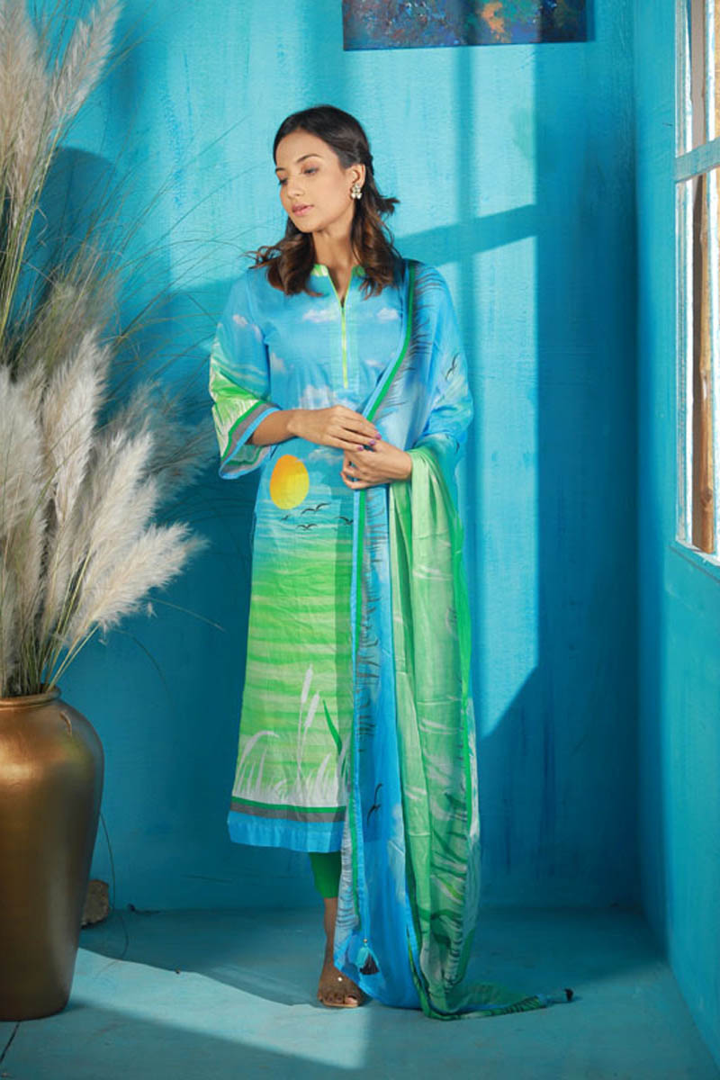 Peacock Blue Viscose Printed Salwar Kameez Set