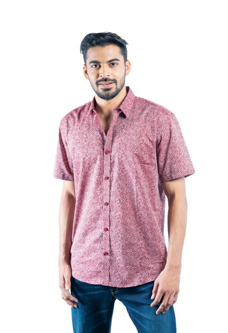 Cherry Red Cotton Printed Casual Shirt