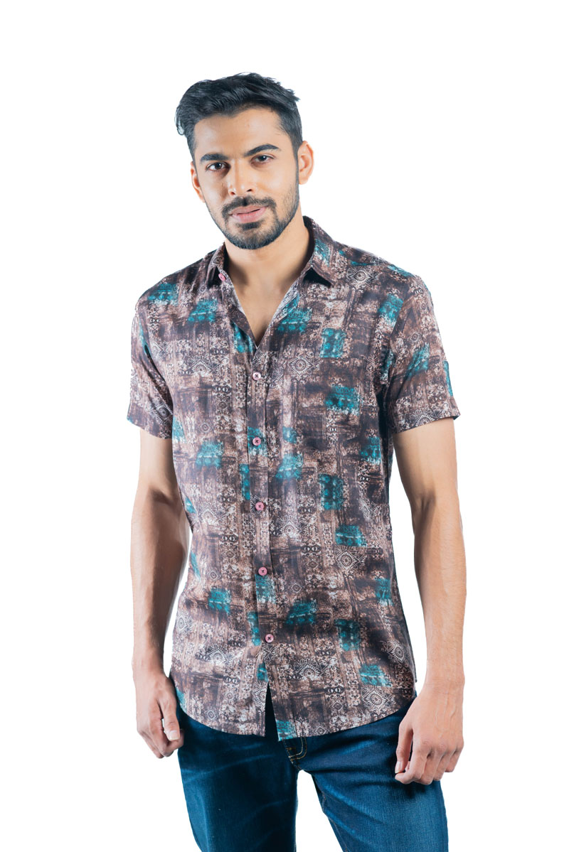 Wooden Brown Cotton Printed Casual Shirt