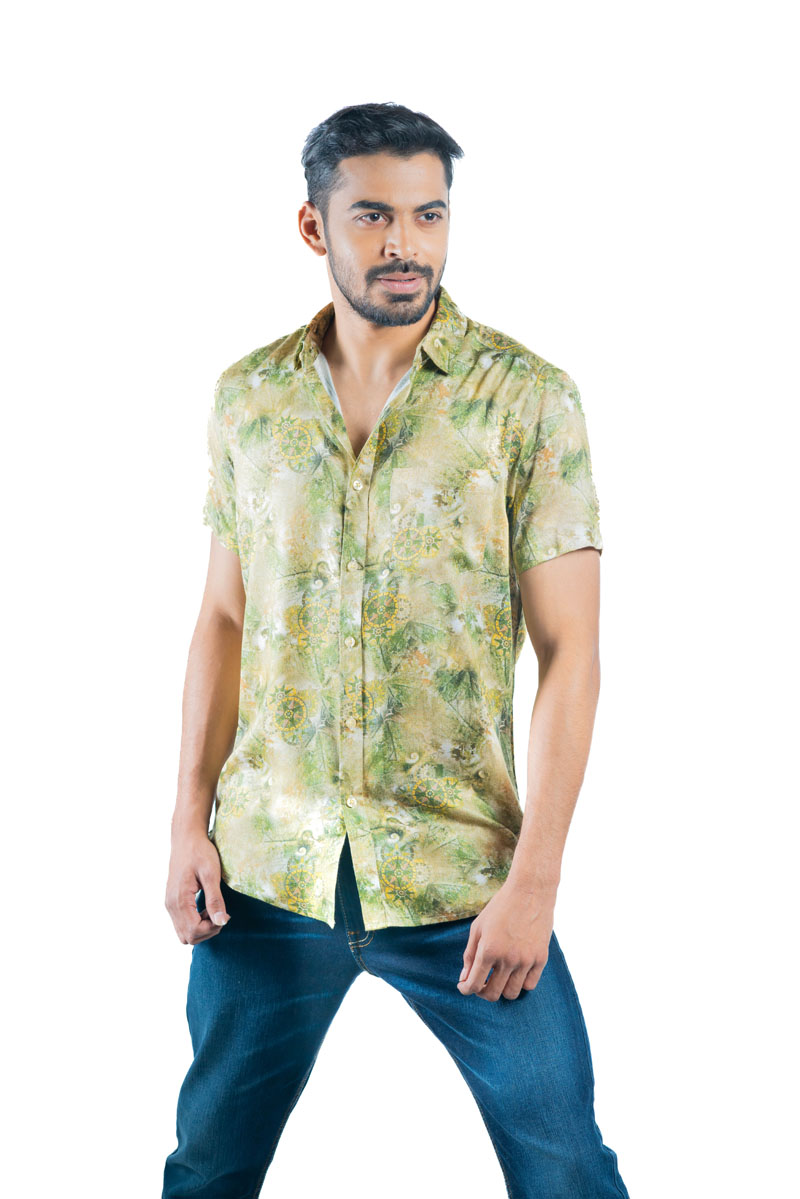Olive Cotton Printed Casual Shirt
