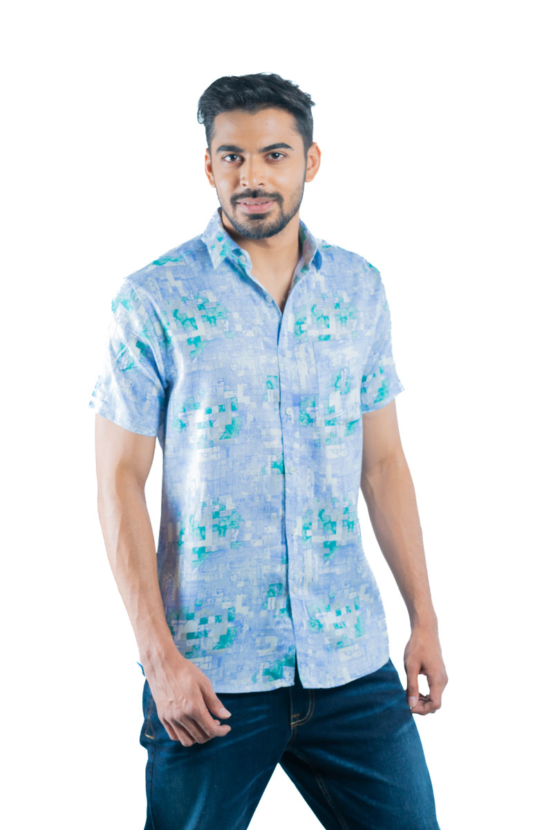 Sky Blue Cotton Printed Casual Shirt