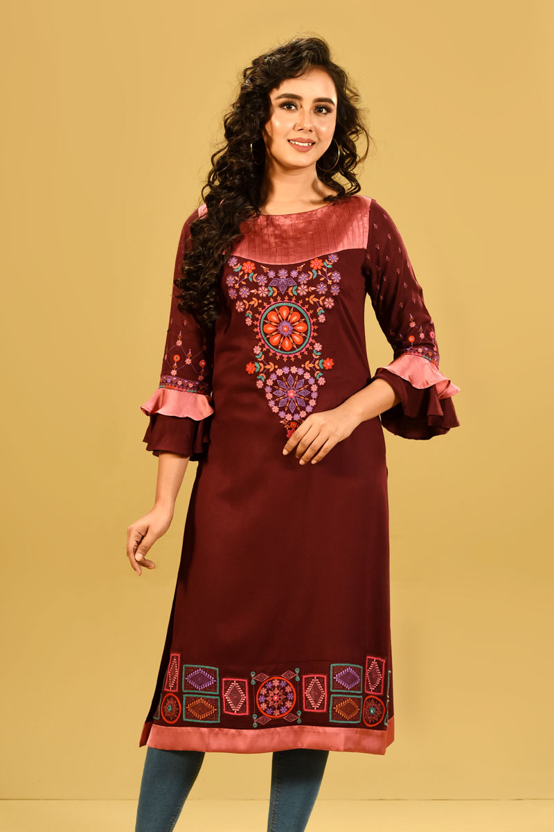 Plum Red Cotton Printed & Hand Embroidered Kurti