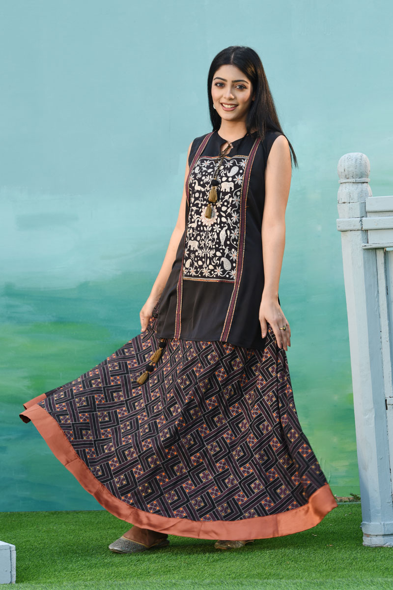 Black Georgette Printed & Hand Embroidered Top with Skirt