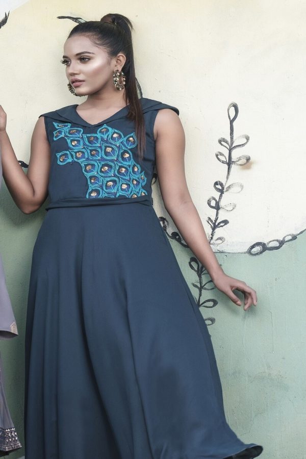 Blue Georgette Embroidered & Karchupi Ornamented Gown