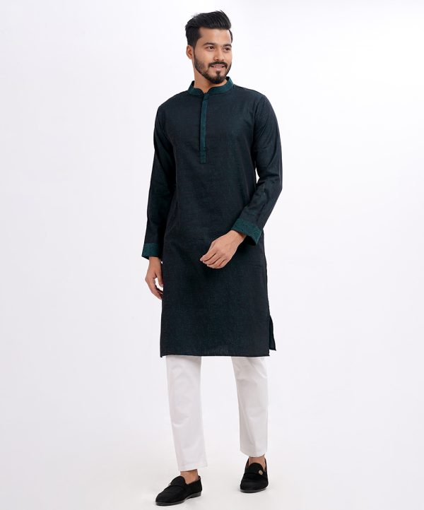 Green Fitted Jacquard Cotton Panjabi