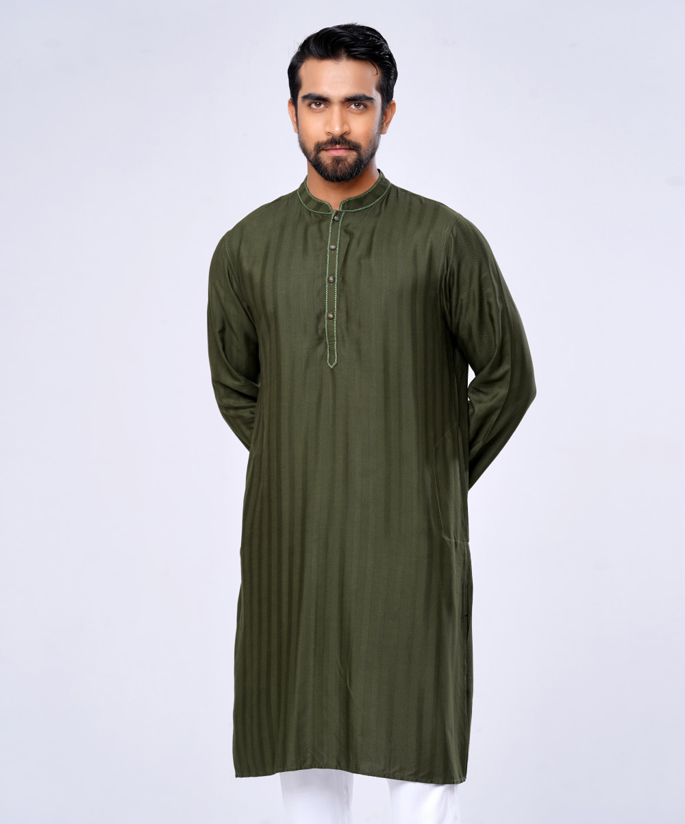 Green Semi Fitted Jacquard Cotton Panjabi