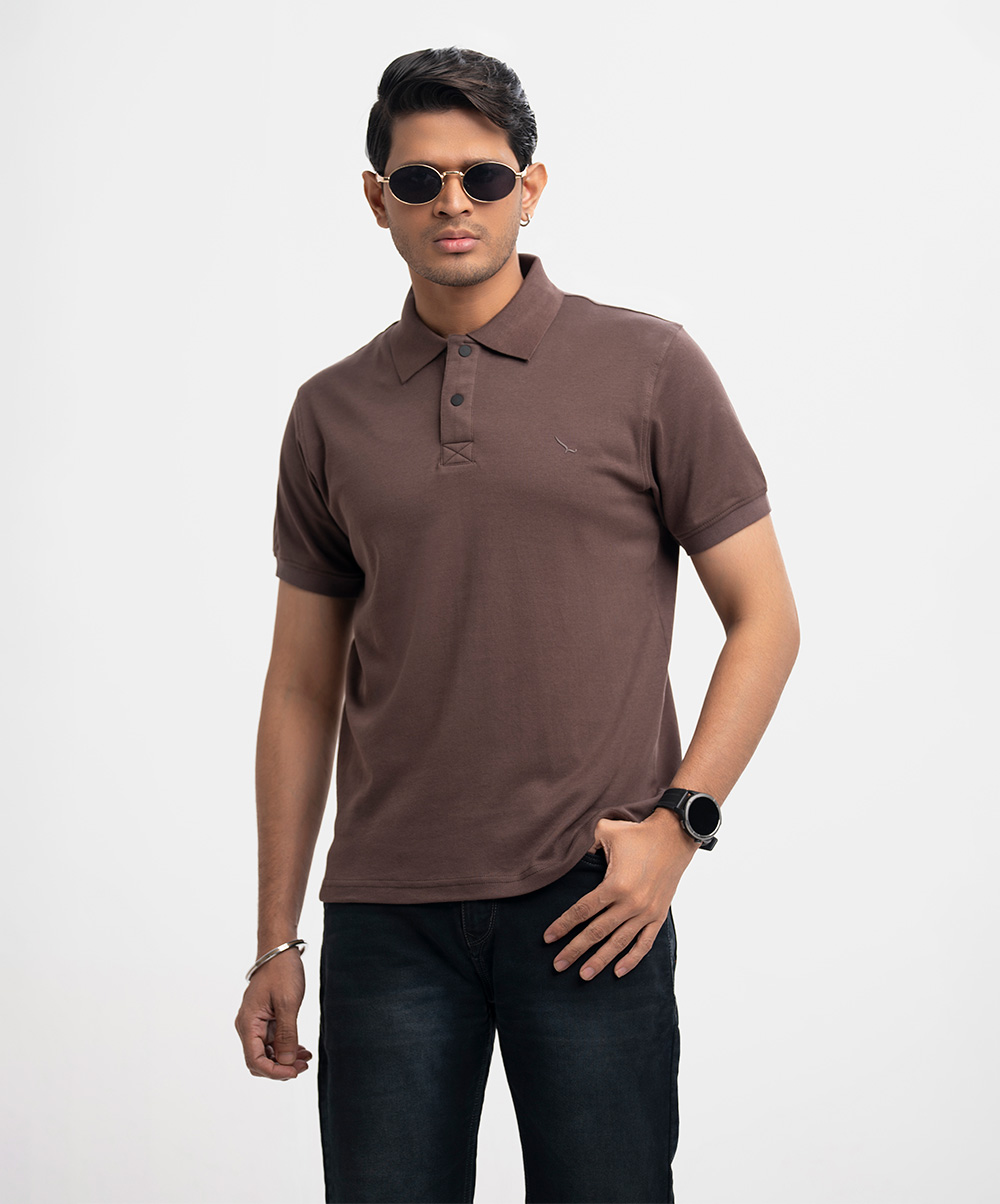Coffee Brown Cotton Knit Short Sleeve Polo