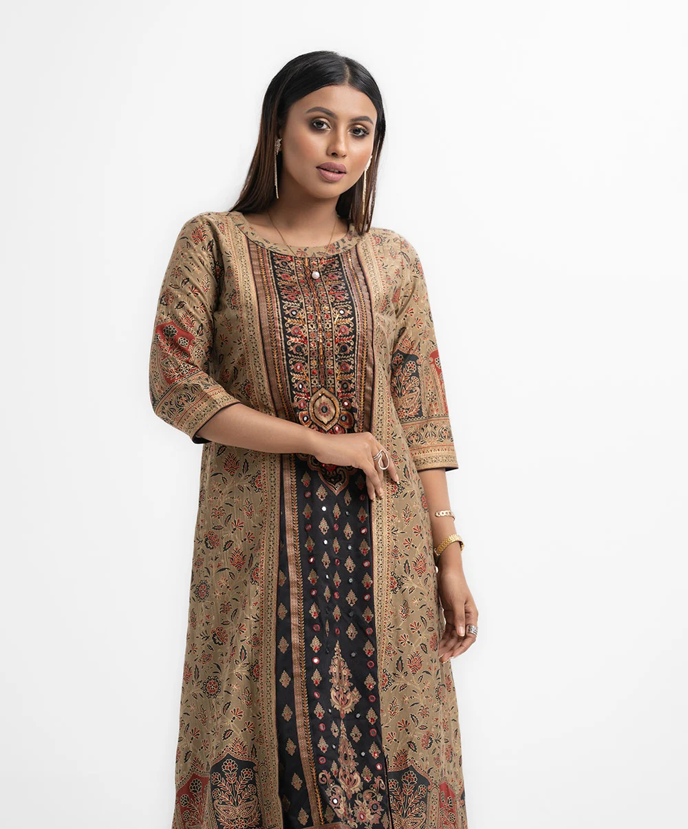 Green Blended Cotton Tunic With Shrug