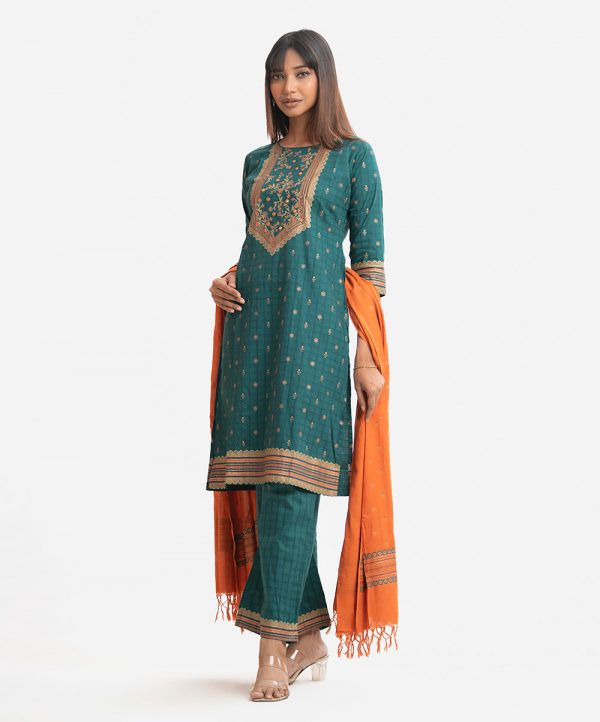 Green Cotton Jacquard Salwar Kameez