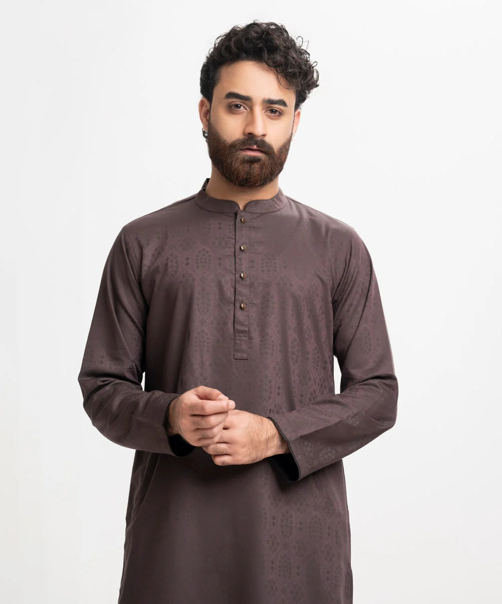 Brown Jacquard Fitted Panjabi