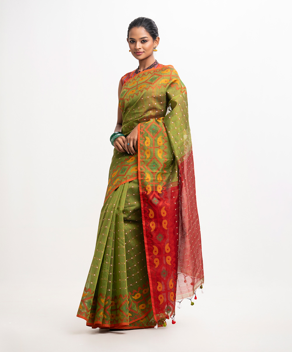 Green & Red Half-silk Saree