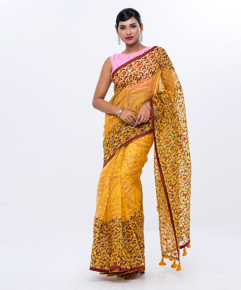 Yellow Muslin Silk Saree