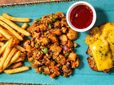 Chicken Steak with Garlic Mushroom & French Fries