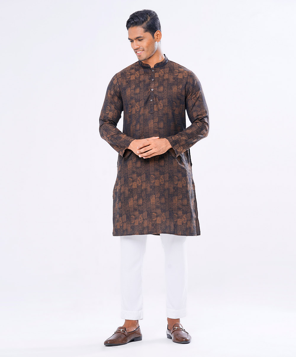Black Semi Fitted Jacquard Cotton Panjabi