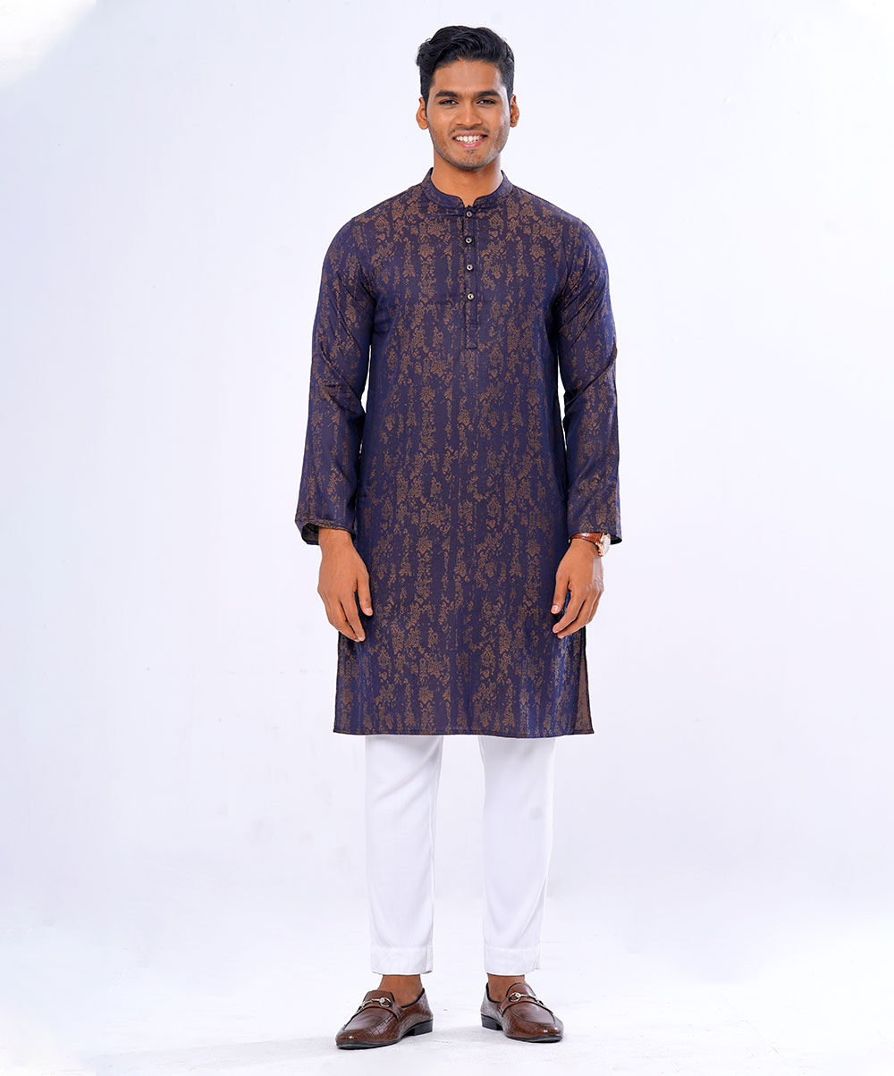 Black Semi Fitted Jacquard Cotton Panjabi
