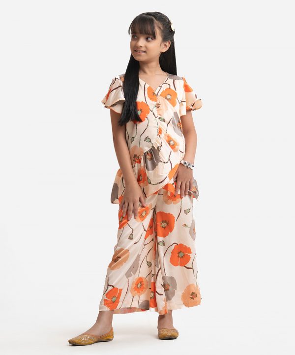 Orange Satin Georgette Kids Woven Set