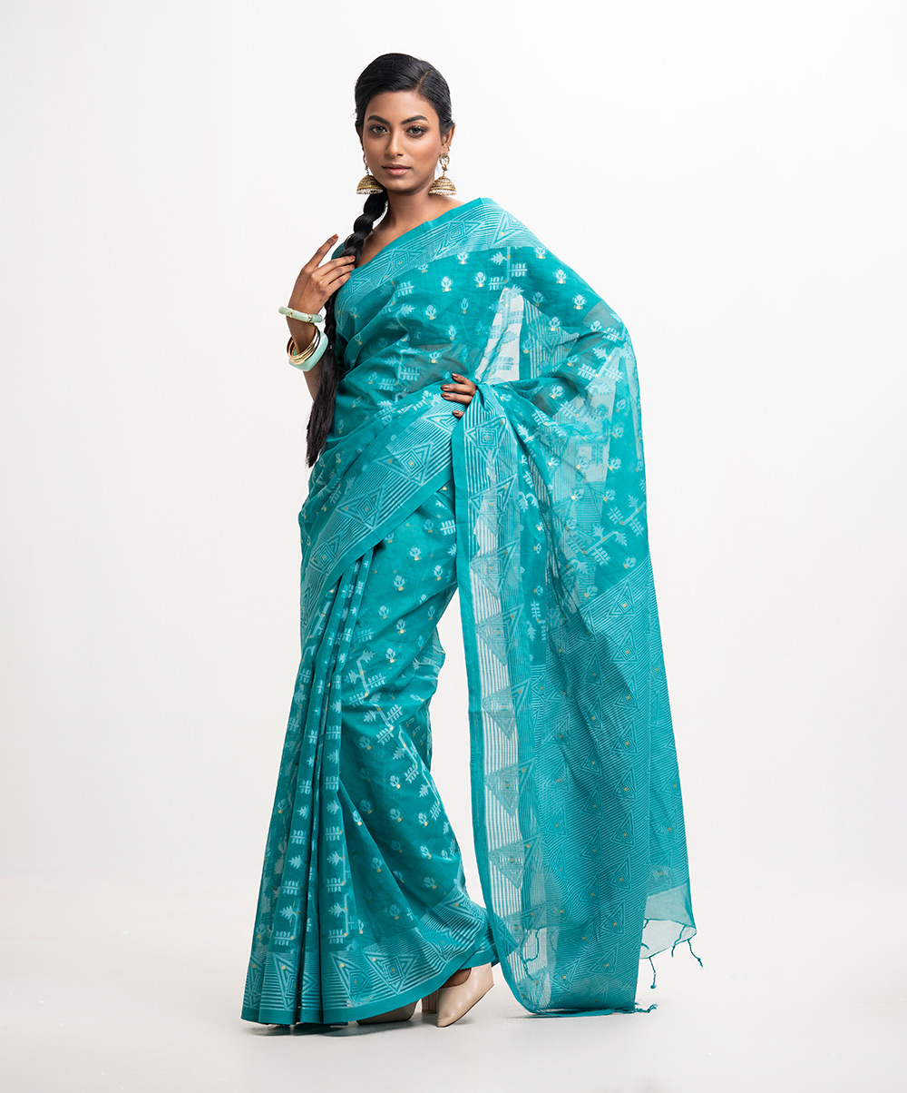 Turquoise Green Cotton Saree
