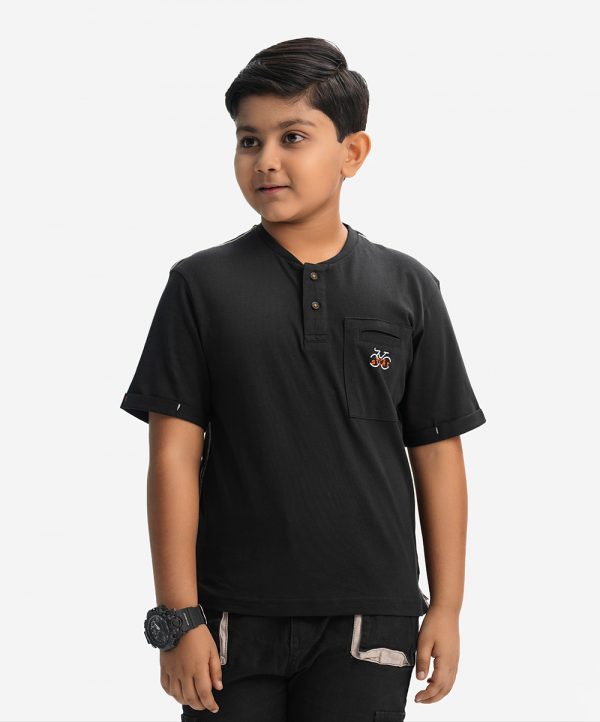 Black Cotton Henley T-shirt