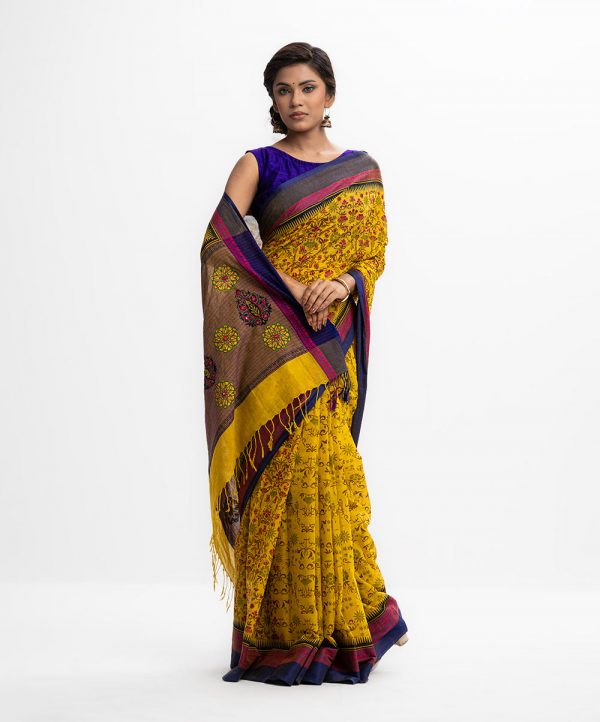 Yellow Cotton Printed Saree