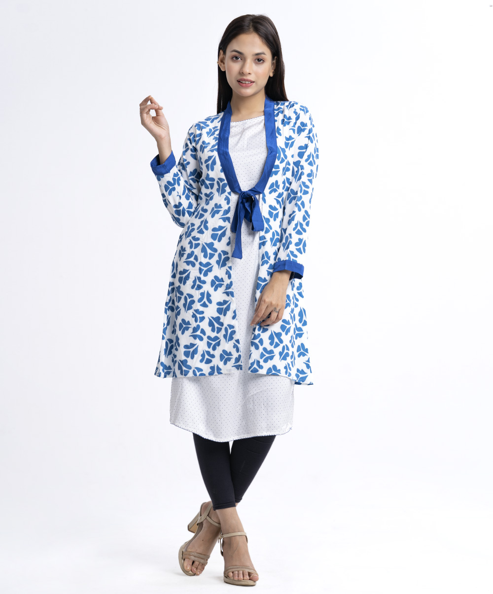 White and Blue Georgette Tunic With Shrug
