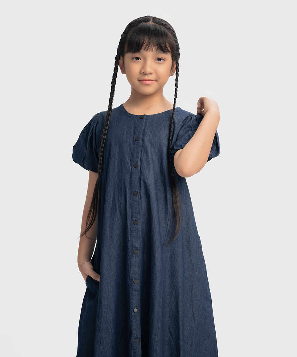 Blue Denim Puff Sleeve Frock