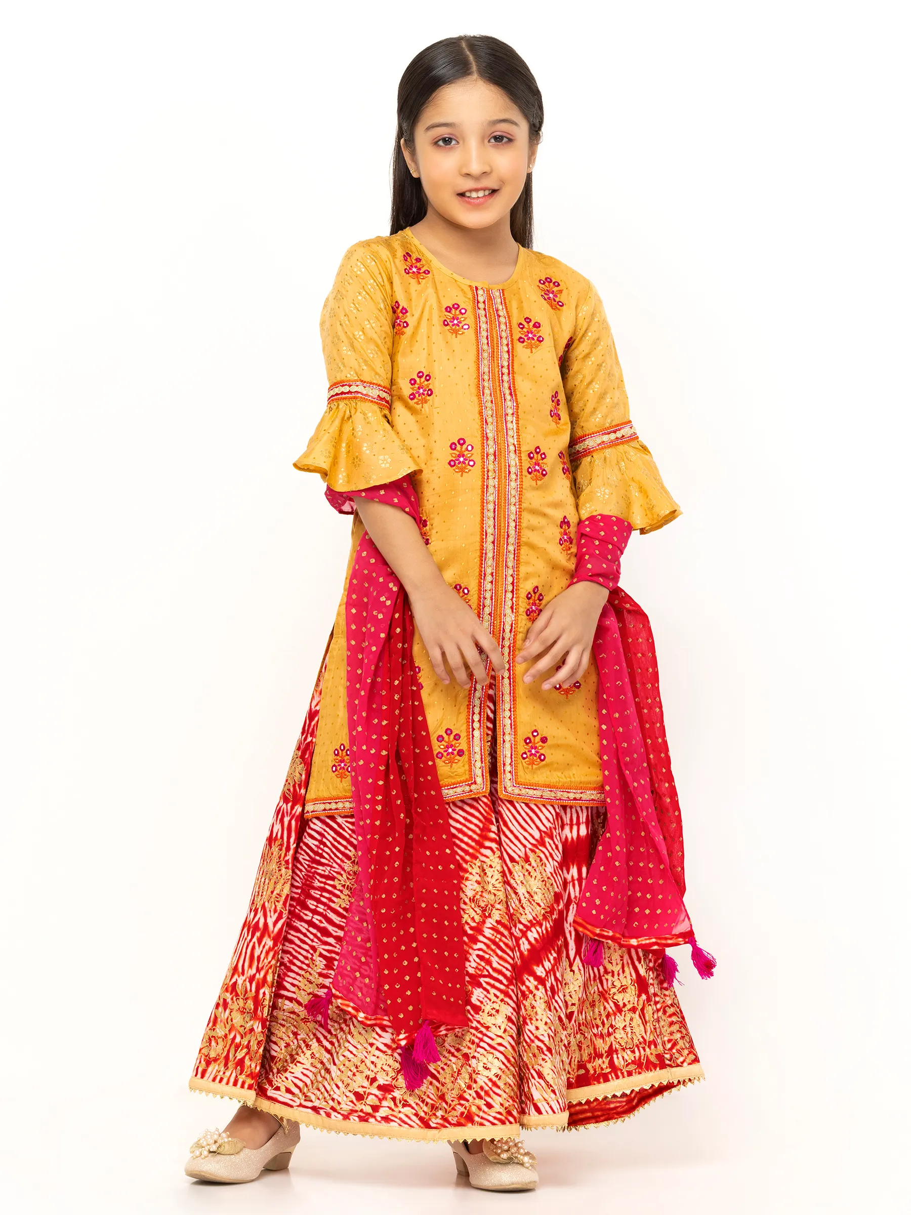 Golden Printed and Embroidered Voile Ghagra Choli