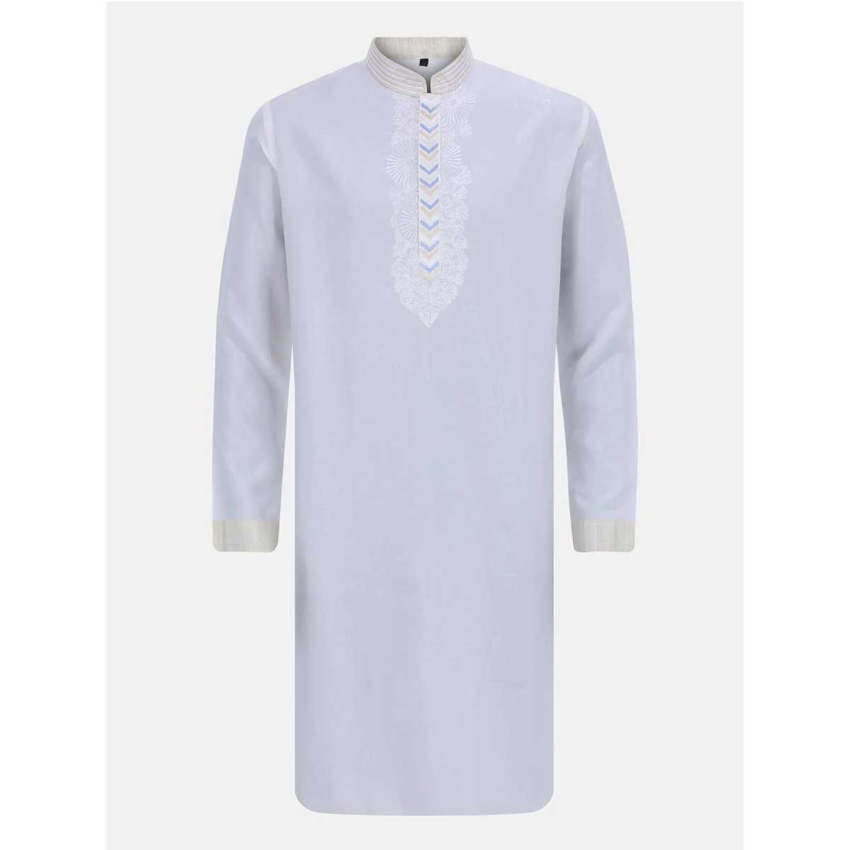 White Embroidered Rayon-Cotton Panjabi