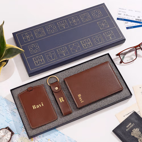Personalized Brown Leather Travel Accessory Set for Him