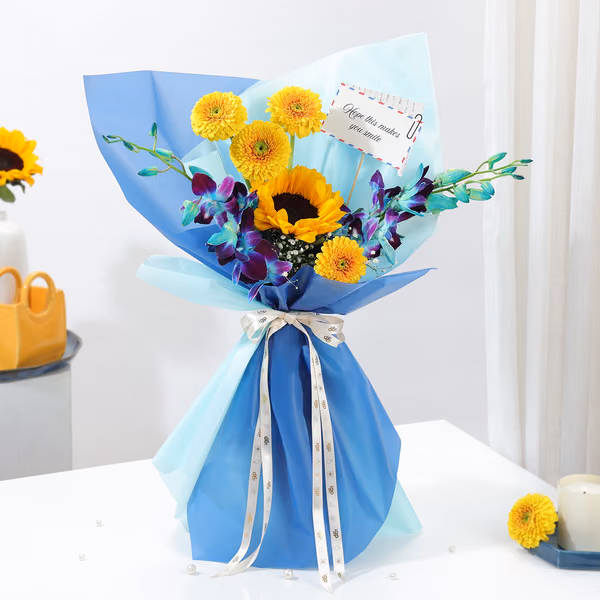 Sunny Sunflower, Gerbera & Blue Orchid Bouquet