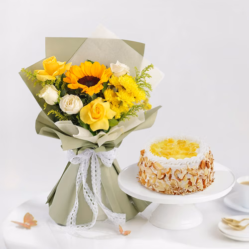 Sweet Pineapple Cake And Bright Bouquet Gift Combo