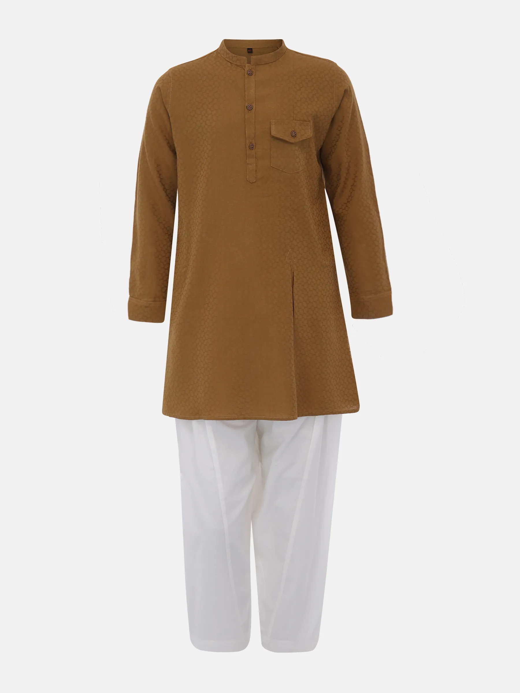 Deep Brown Jacquard Viscose-Cotton Panjabi Pajama Set
