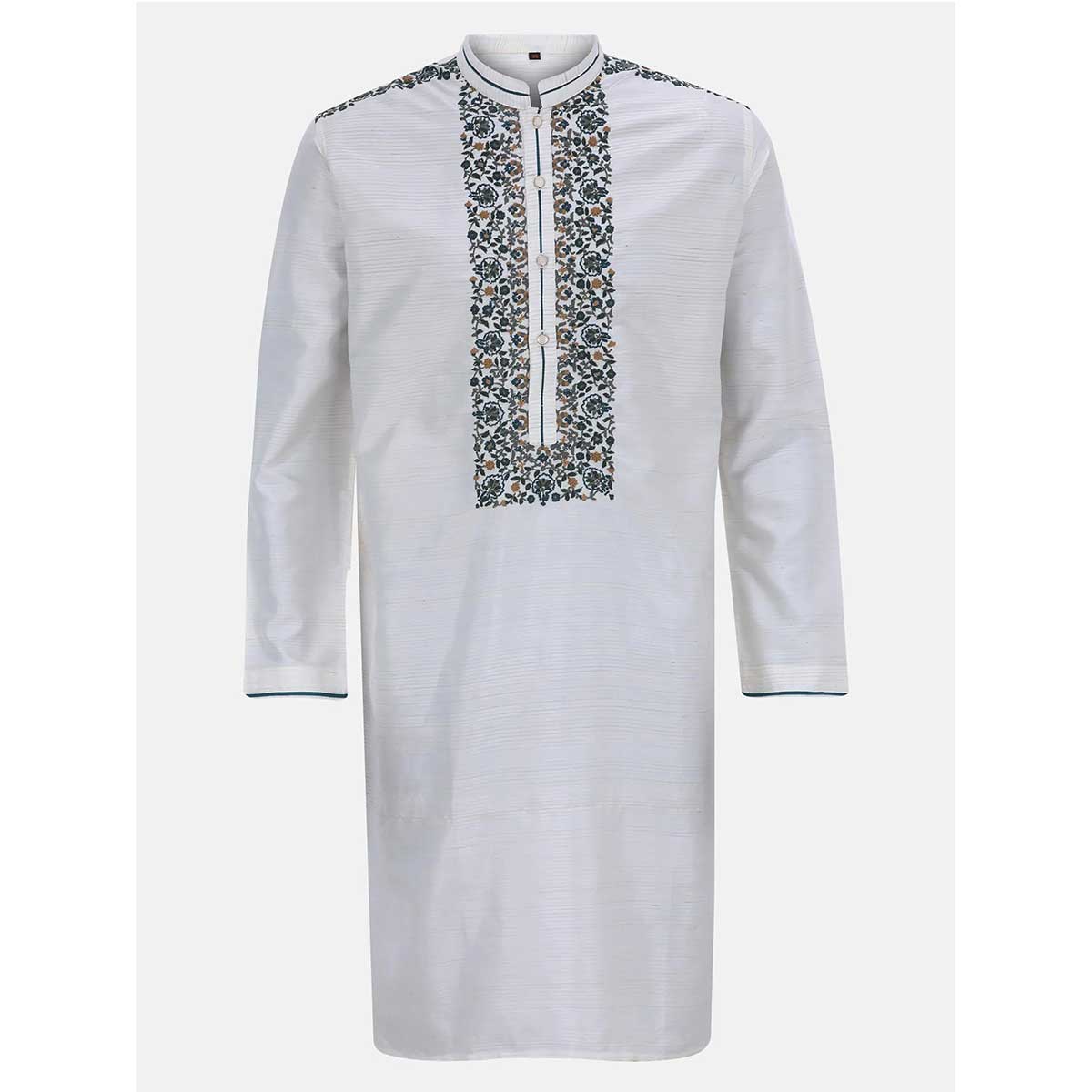 Ecru Striped and Embroidered Endi Silk Panjabi