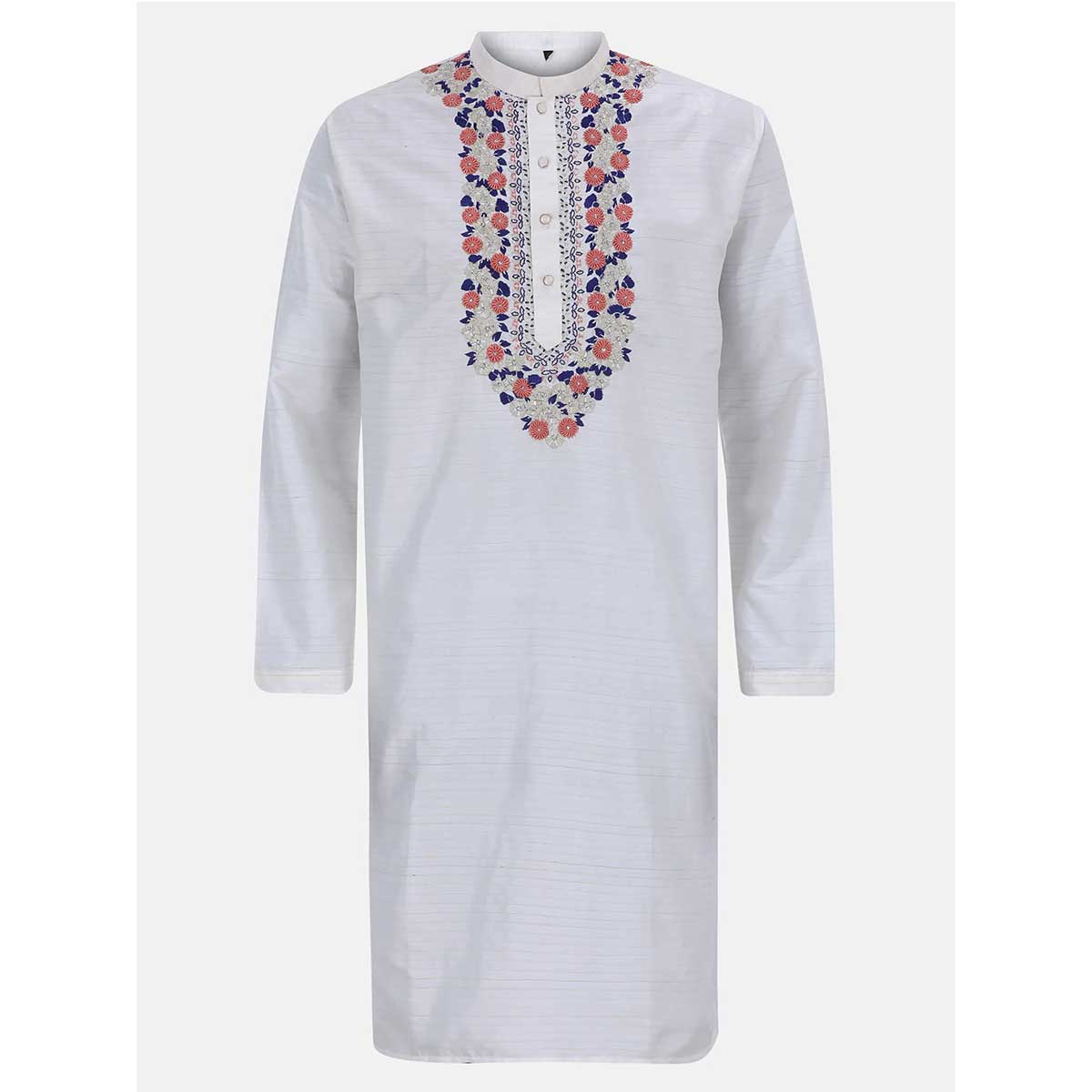 Ecru Striped and Embroidered Silk Panjabi