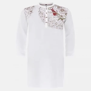 White Embroidered Viscose-Cotton Slim Fit Panjabi