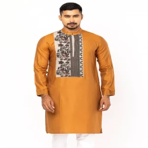 Brown Printed and Embroidered Viscose-Cotton Slim Fit Panjabi