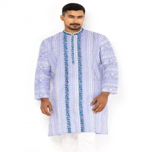 Blue Printed and Embroidered Cotton Panjabi